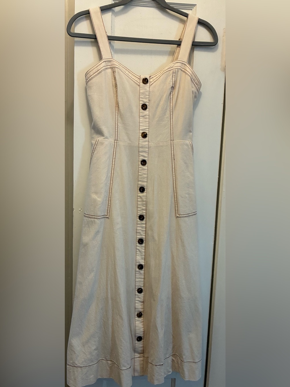 In February Women's Cream Button-Front Dress with Contrast Stitching Size M